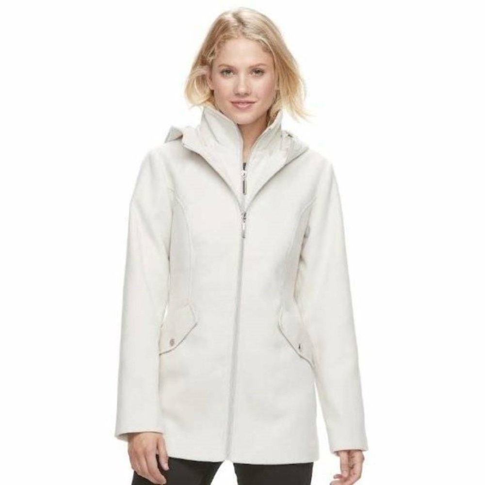 DETAILS Winter Coat Womens 2XL Off White Hooded Bib Inset Lined Zip Front Heavy
